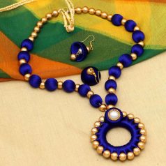 Thread Necklace Earrings Set Blue 