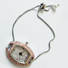   Rose gold- ezüst, strasszokkal kirakott óra gyöngyökkel ovális